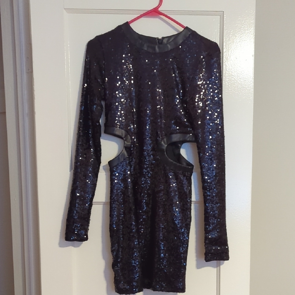 STAUD Black Sequin Cutout Dress